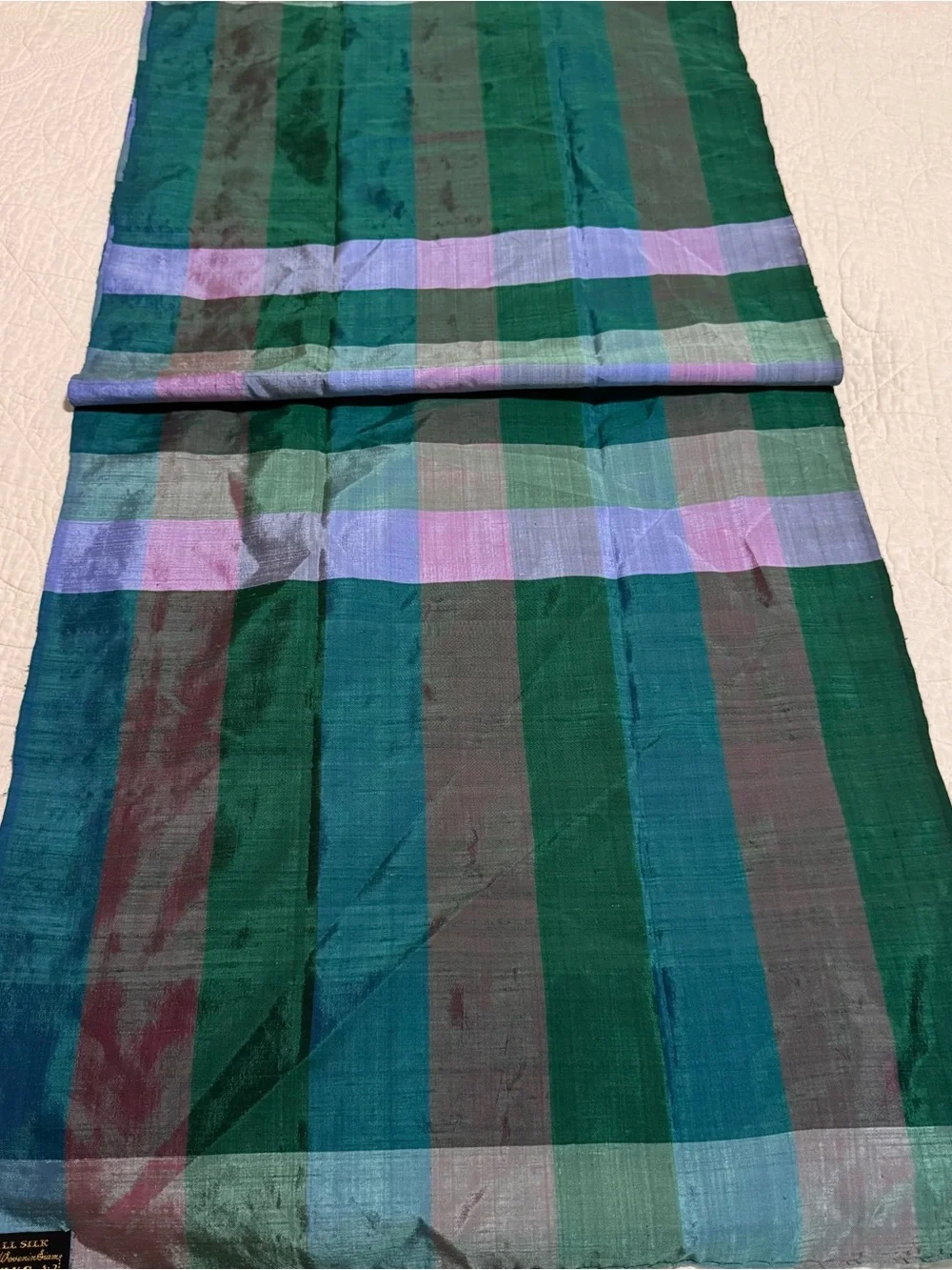 Thai Silk Co 100% Silk Plaid Scarf with Green and Teal Blocks